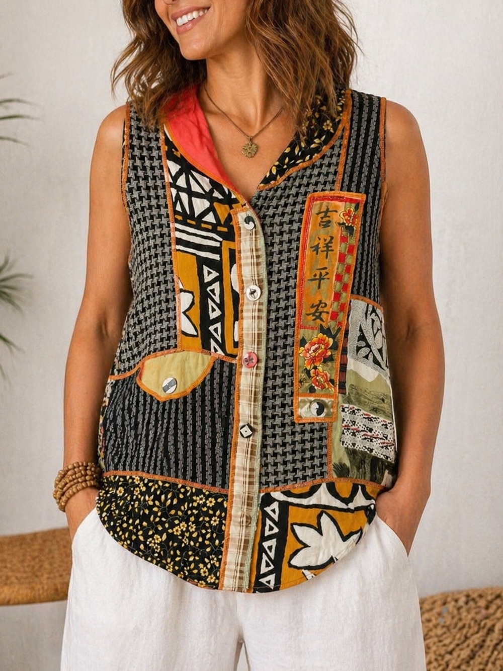 Faith Patchwork Vest Top Size M Artsy Boho Button Front Sleeveless Vintage